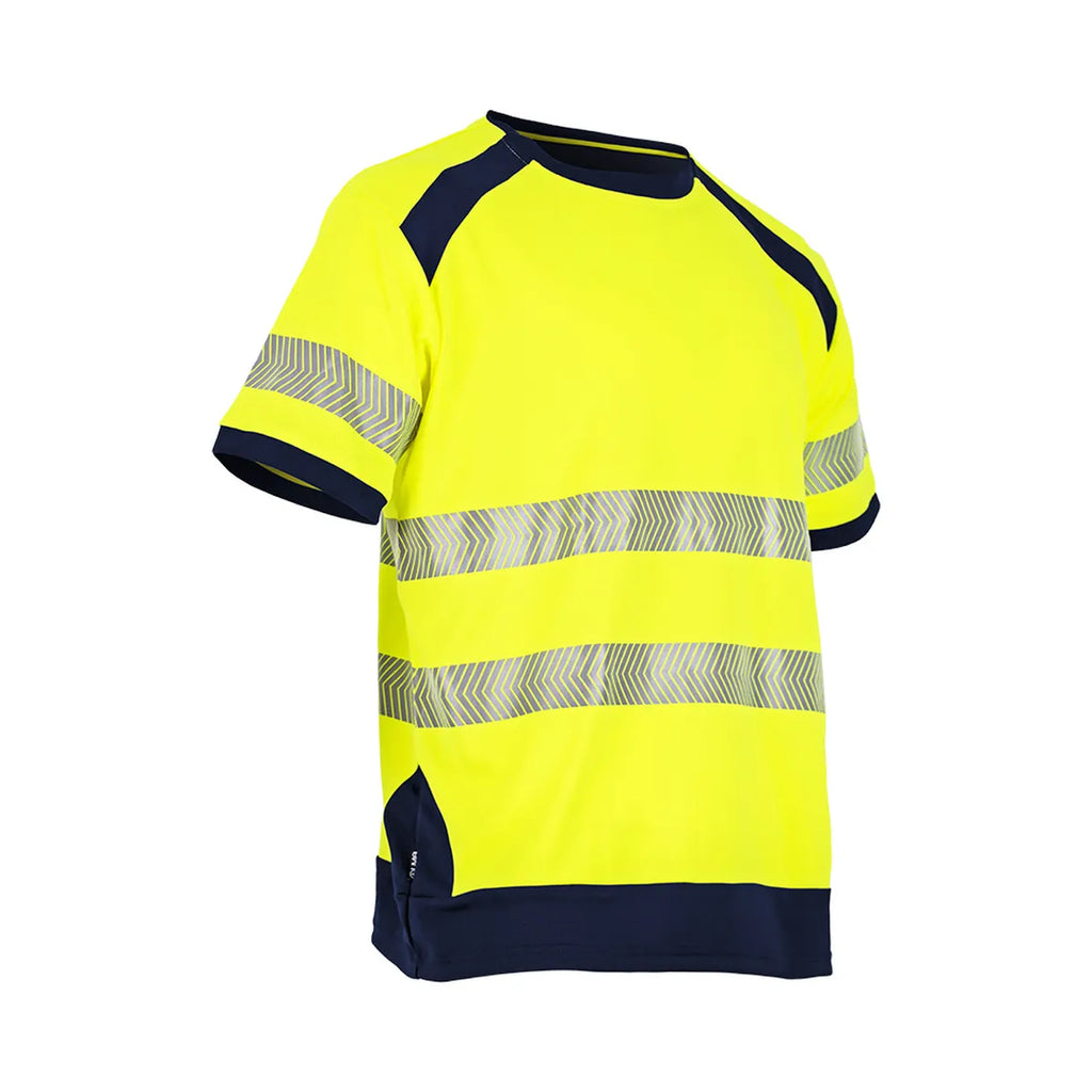 T-shirt de travail haute visibilité manches courtes léger et anti-UV – coloris Jaune fluo/Marine – vue de trois quarts